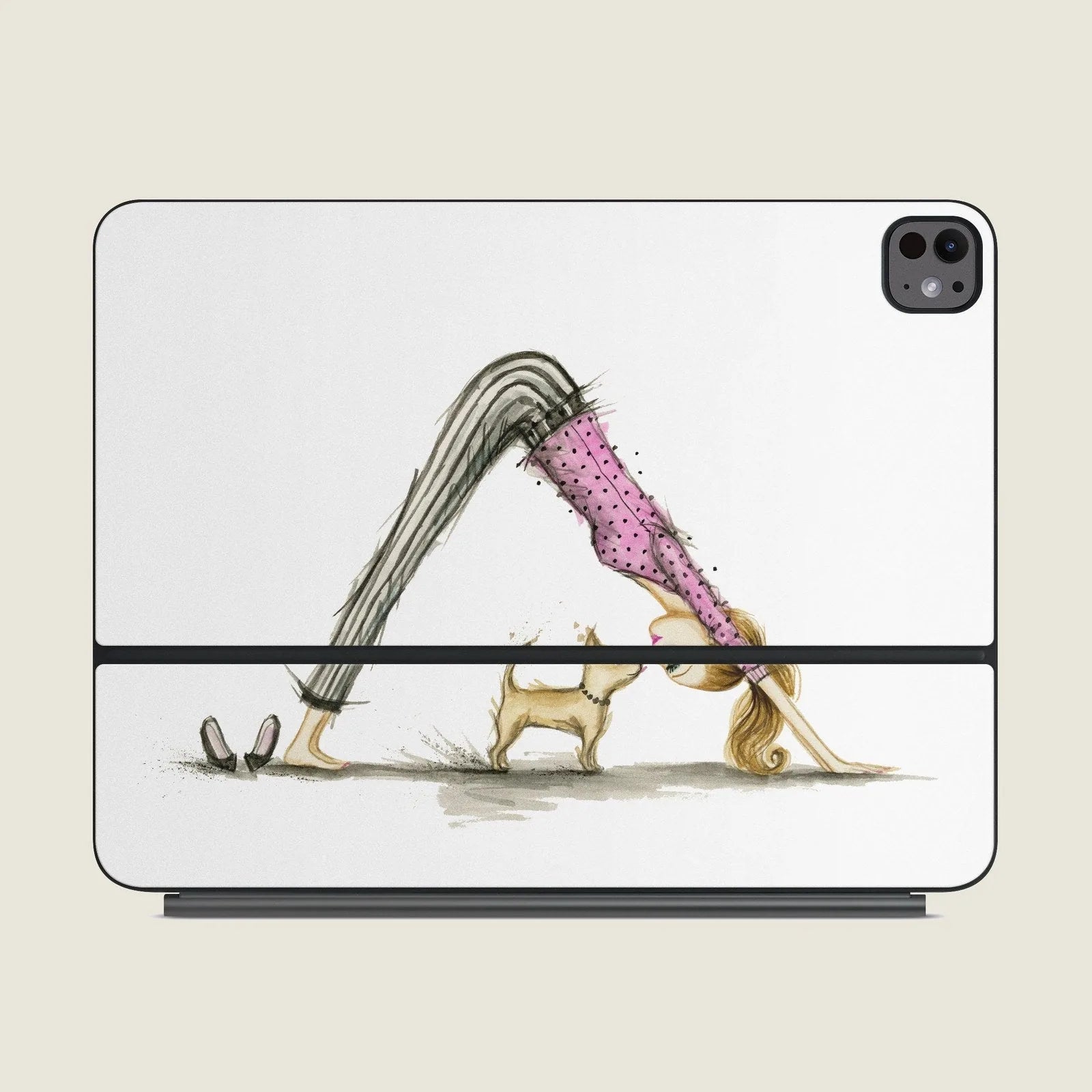 Colorful illustration of a woman in yoga pose with a small dog on a skin for Apple Magic Keyboard.