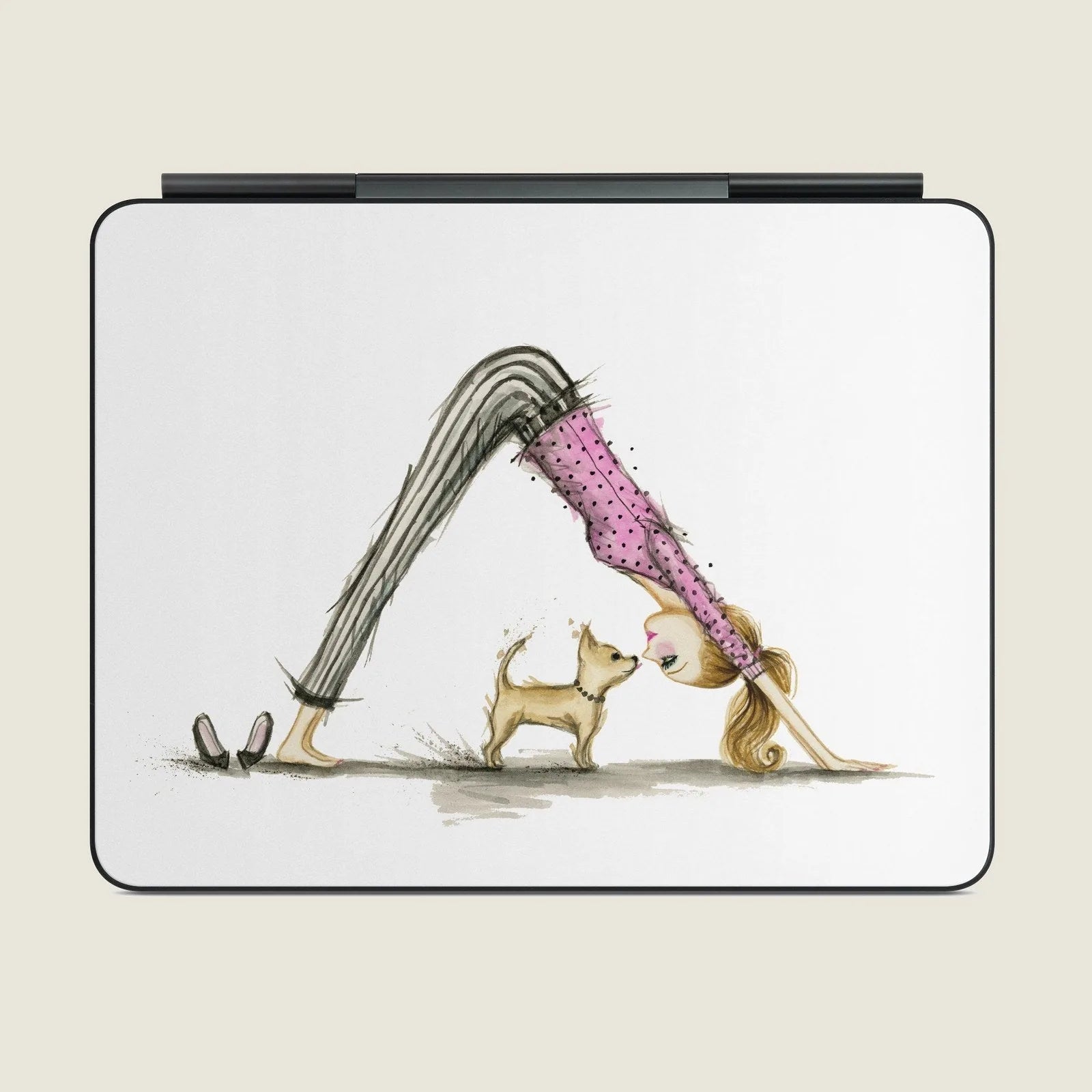 Colorful illustration of a girl in downward dog yoga pose, playfully interacting with a small dog on an Apple Magic Keyboa...