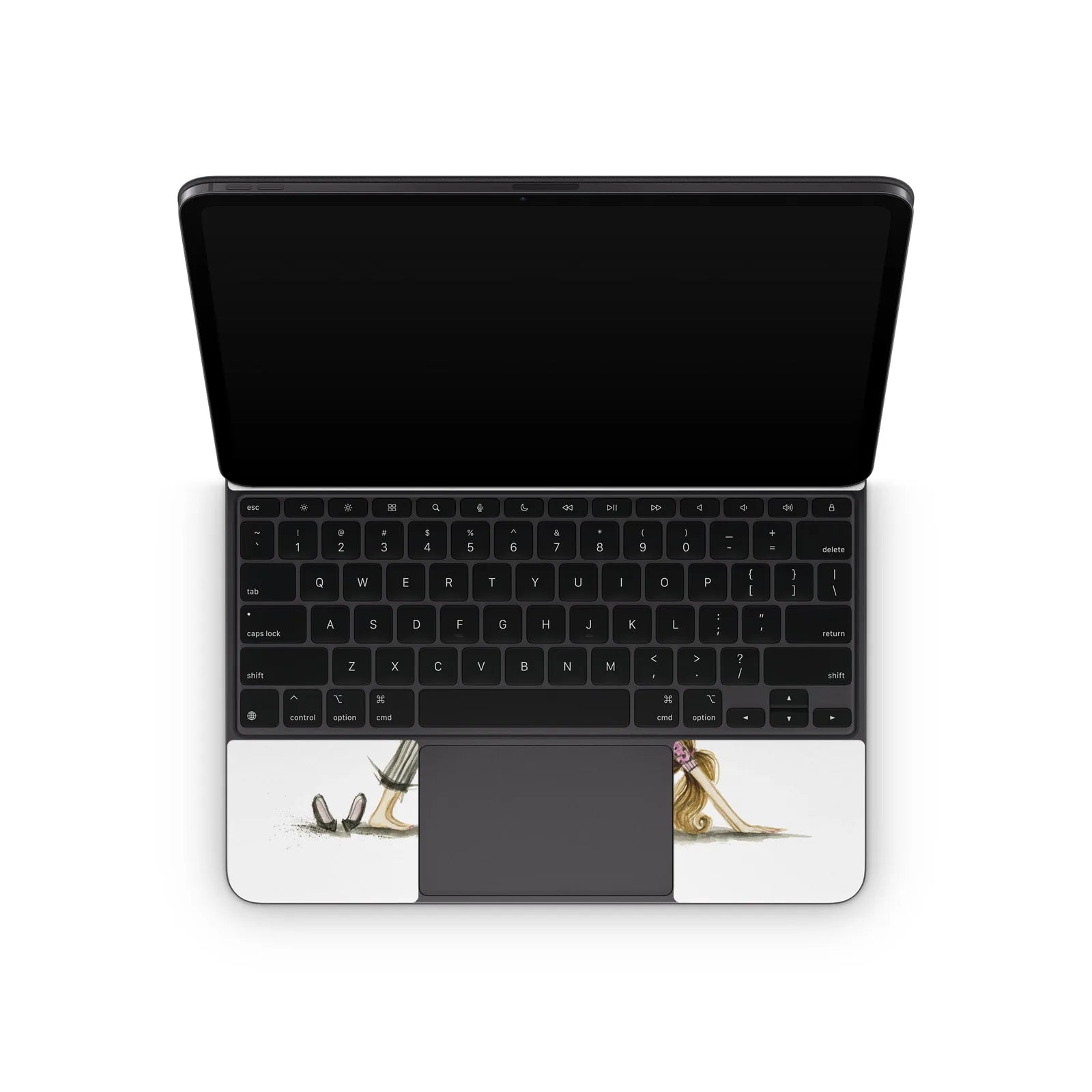 Downward Dog skin featuring a playful dog design on the keyboard area of an Apple Magic Keyboard for iPad.
