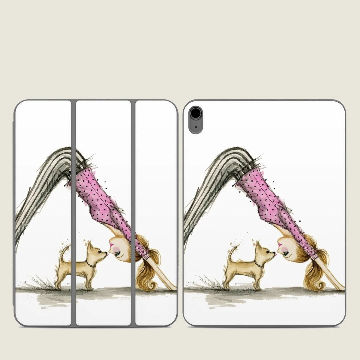 Downward Dog skin featuring a woman in a pink polka dot top doing yoga with a small dog on an iPad Smart Folio.