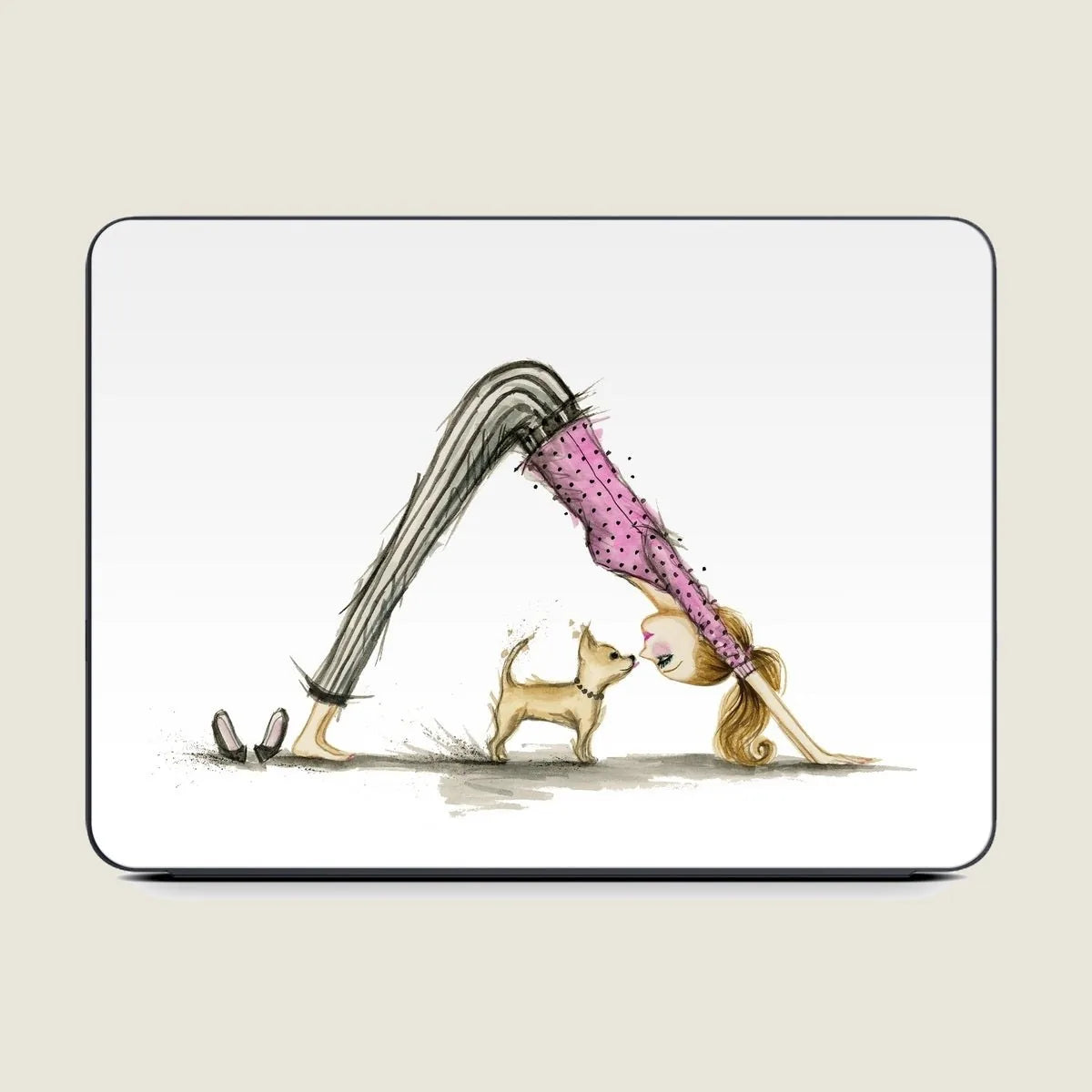 Downward Dog design featuring a playful woman in pink and striped pants interacting with a small dog.