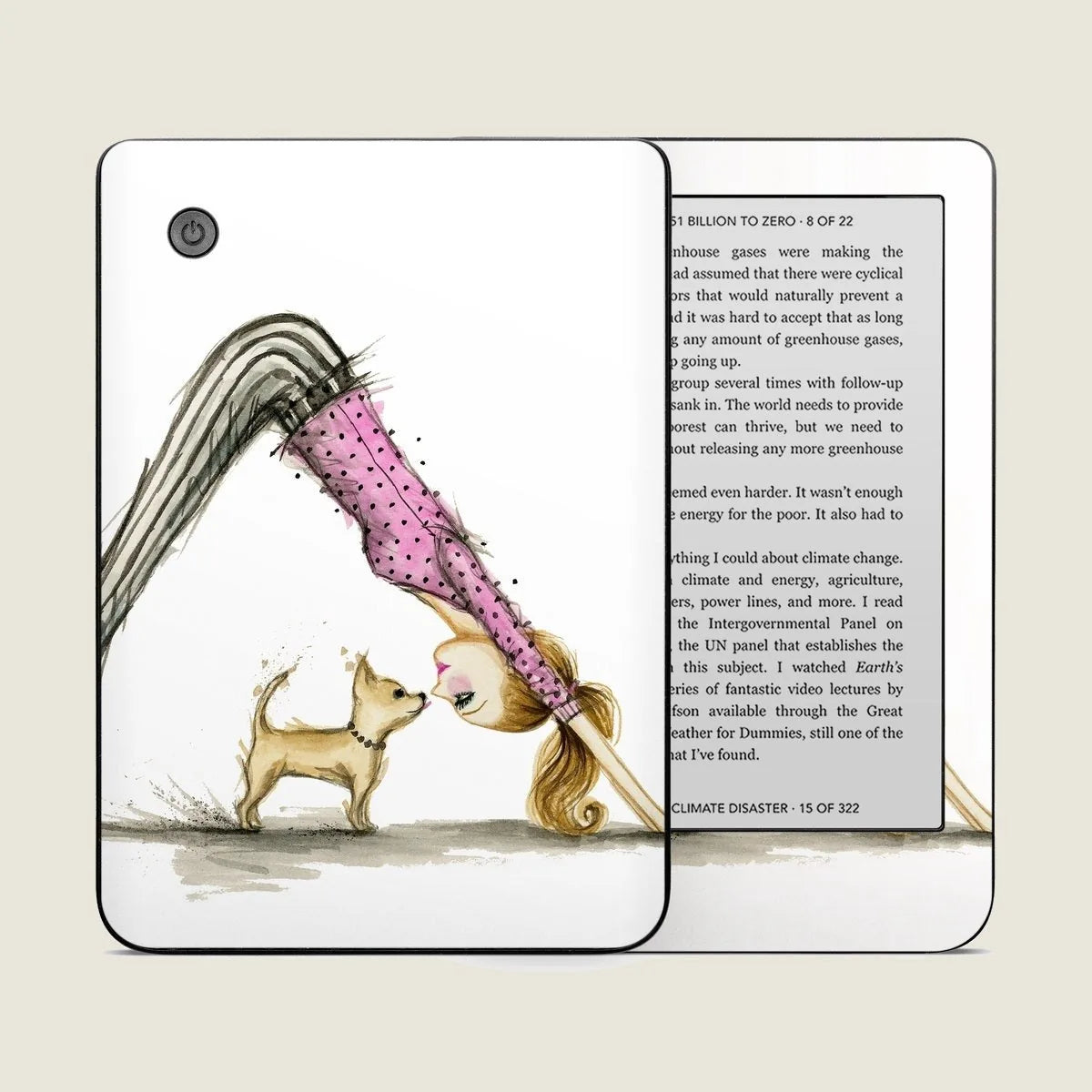 Custom Downward Dog skin for Kobo Clara 2E featuring a girl in pink with polka dots and a small dog, adding personality wh...