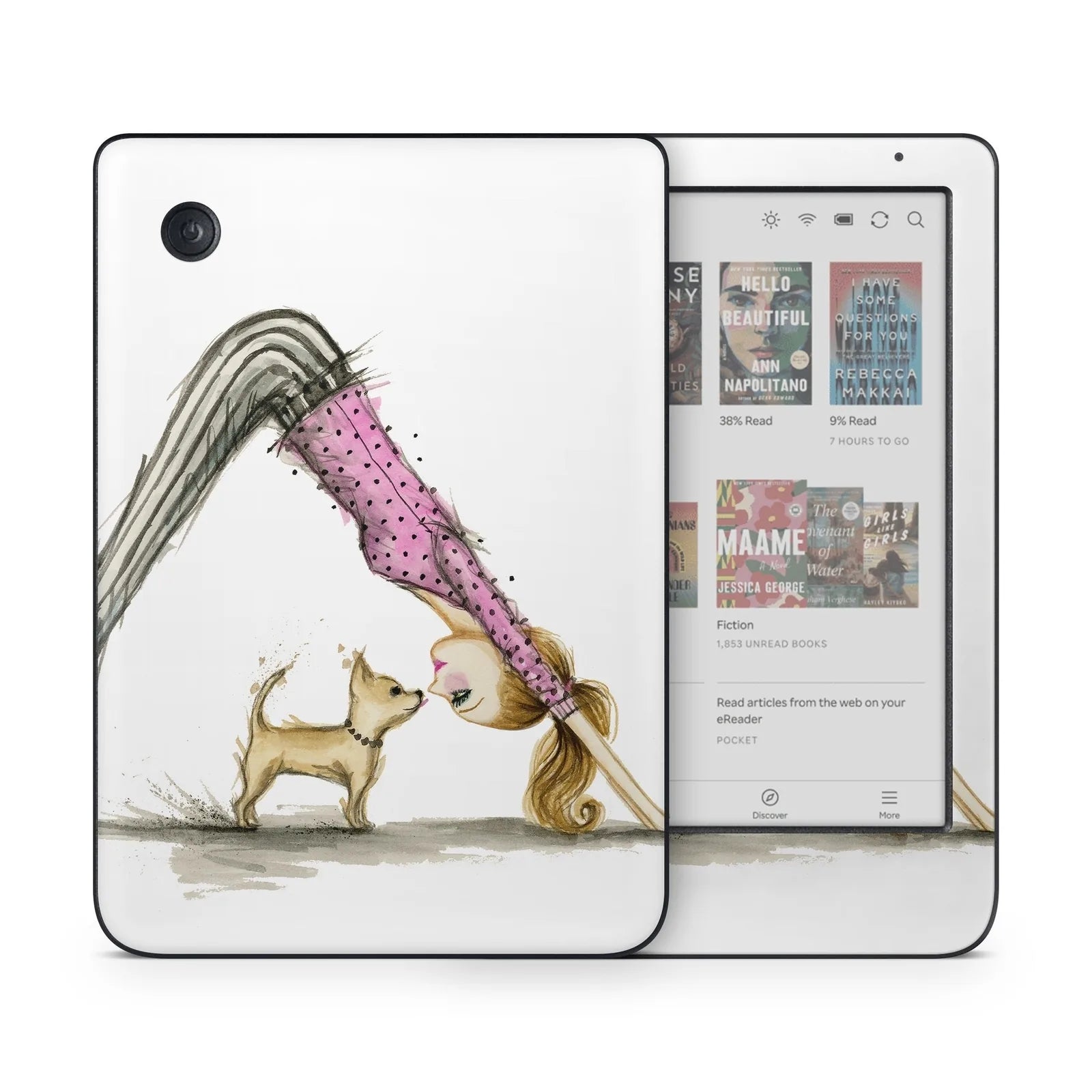 Custom tablet skin featuring a whimsical Downward Dog design with a woman in pink and a small dog, perfect for Kobo Clara...