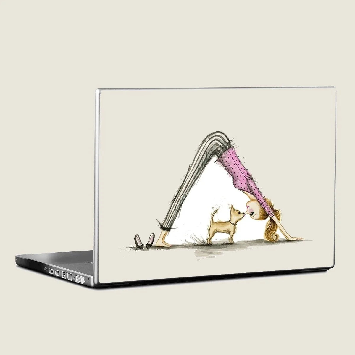 Colorful Downward Dog design featuring a woman in a yoga pose with a small dog on a laptop lid skin.