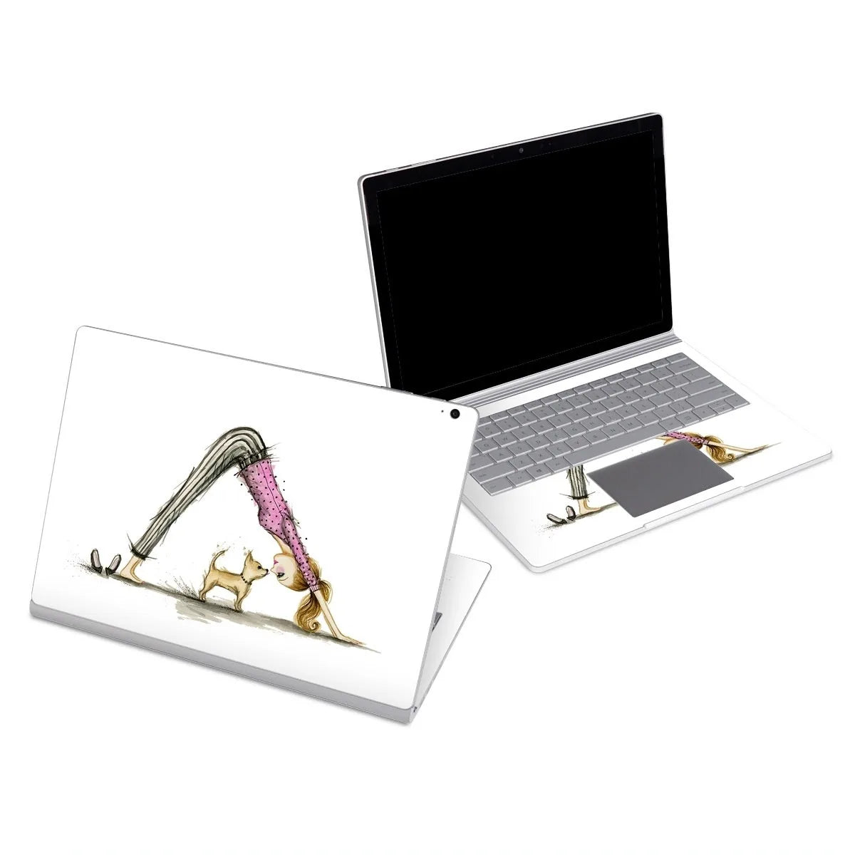 Downward Dog graphic laptop skin on a Microsoft Surface Book, featuring playful colors and design, tailored for various mo...