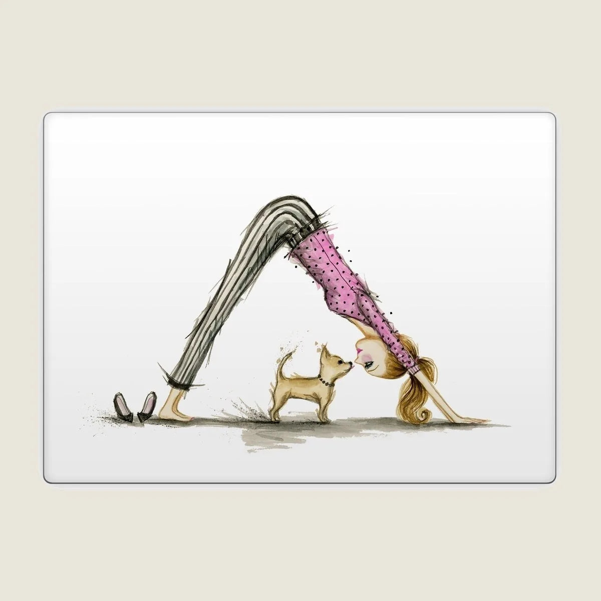 A playful design featuring a woman in a downward dog pose with a small dog, set on a smooth white laptop skin.