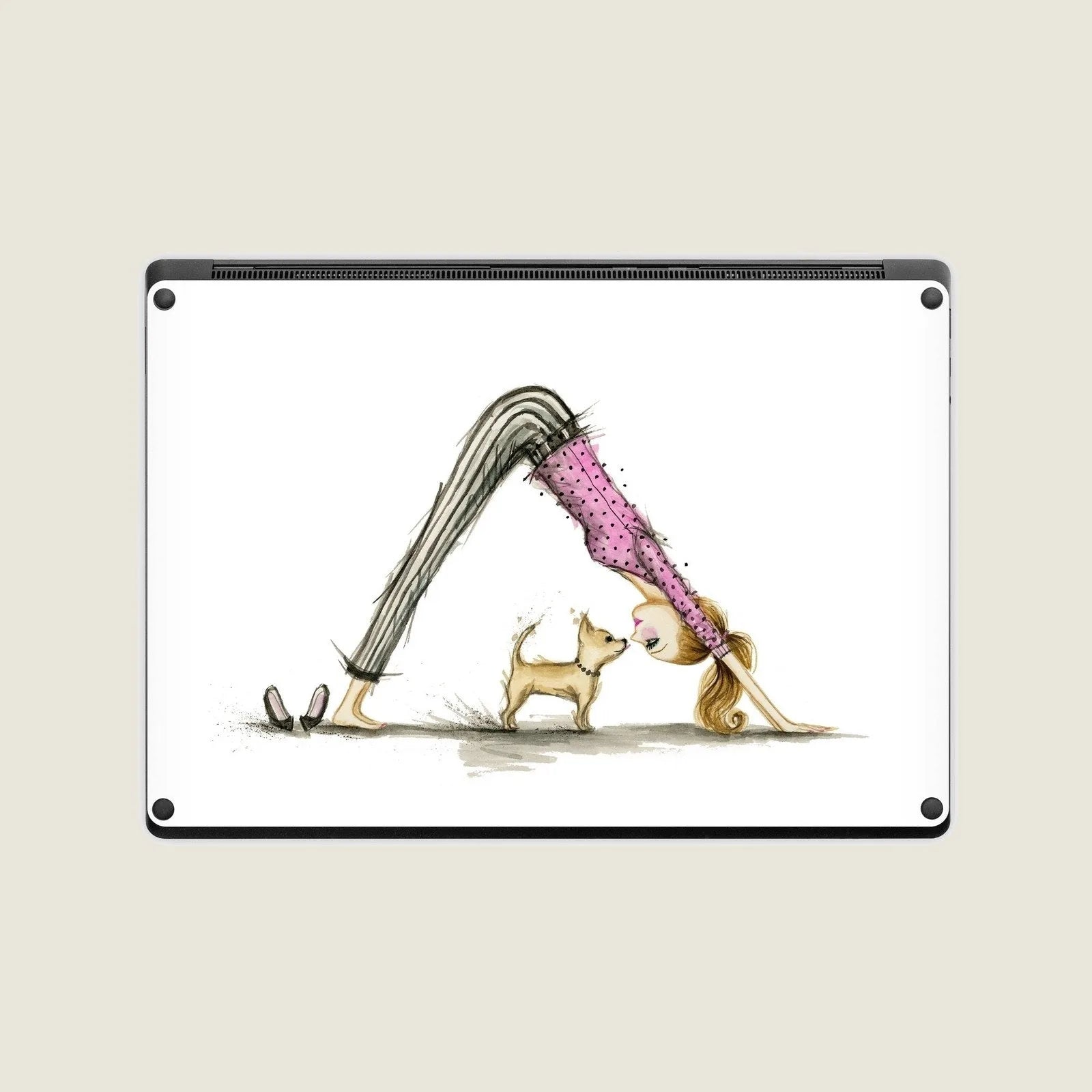 Downward Dog design featuring a woman in pink pajamas interacting playfully with a small dog on a Surface Laptop skin.