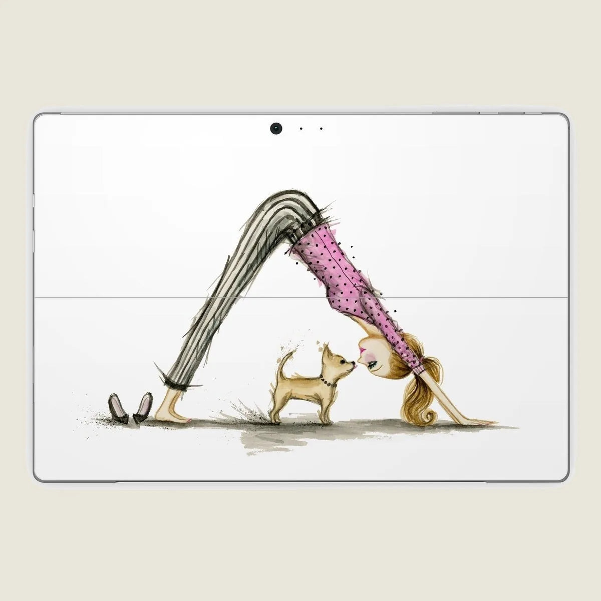 A playful design featuring a woman in a downward dog pose with a cute puppy on a Microsoft Surface Pro skin.