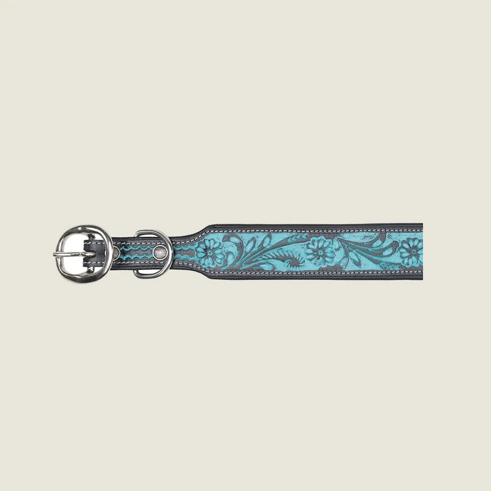 Teal hand-tooled leather dog collar with floral designs and durable iron hardware, showcasing craftsmanship and style.