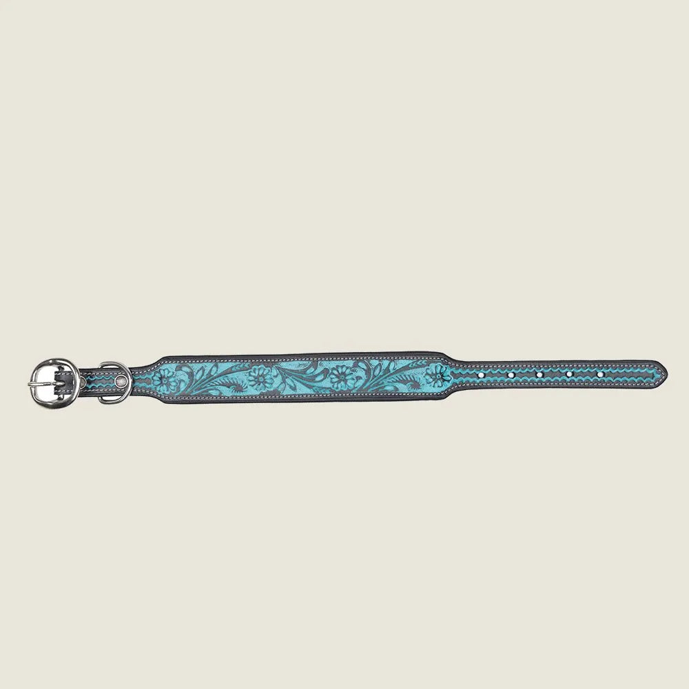 Durango Daisy hand-tooled dog collar featuring a turquoise floral design on leather with sturdy iron hardware.