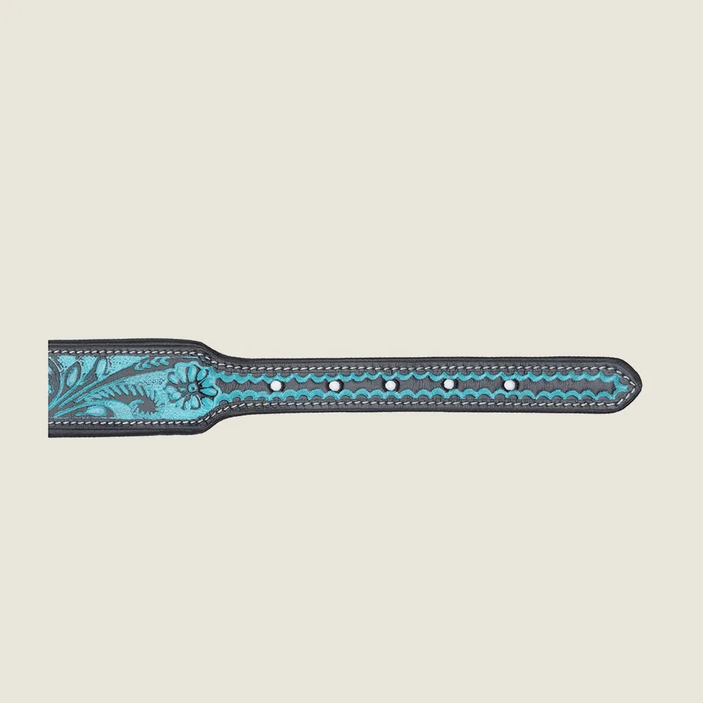 Hand-tooled leather dog collar in turquoise with floral design and black accents, featuring silver studs and stitching.