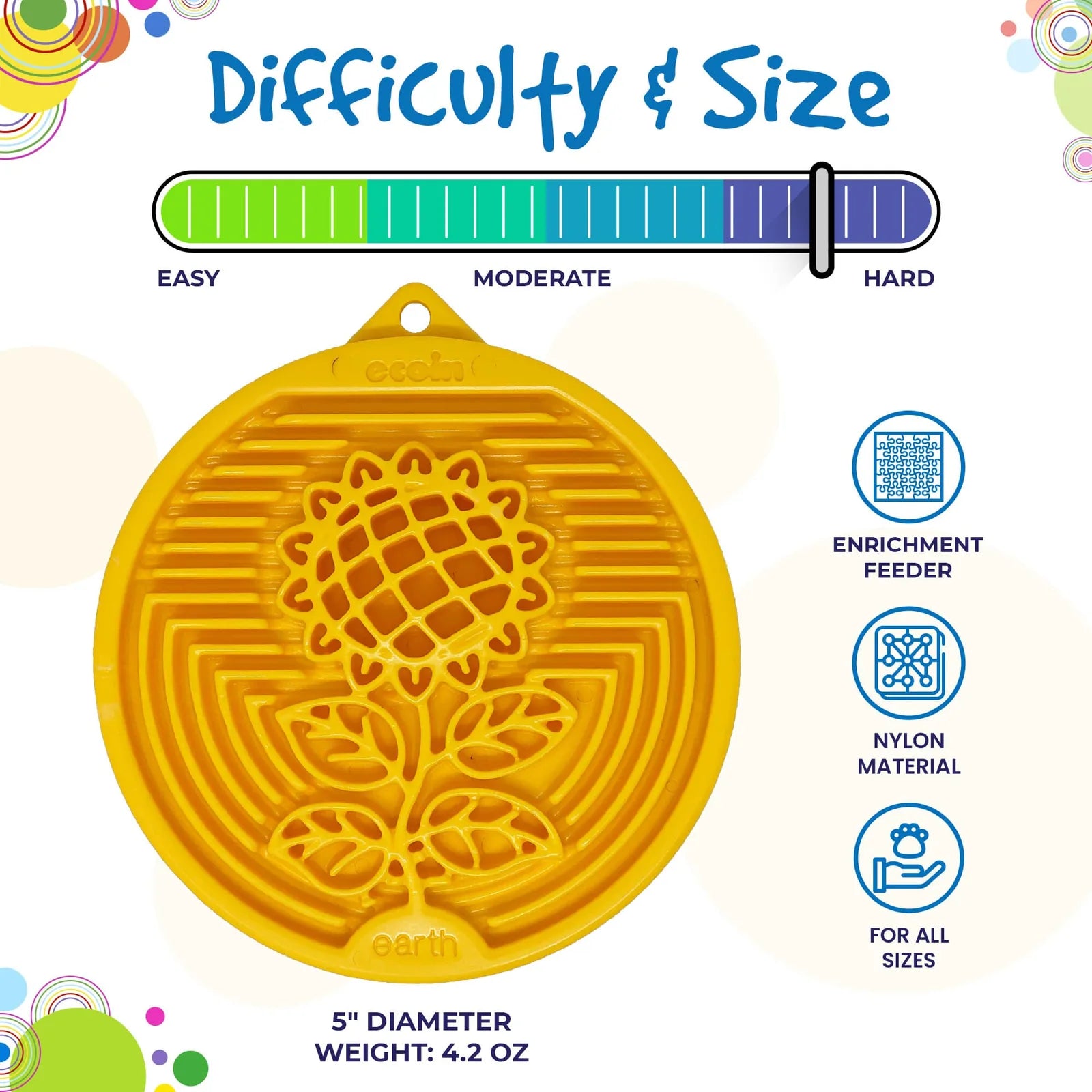 Yellow nylon lick mat with a sunflower design, measuring 5 inches in diameter, promotes slow feeding and mental enrichment.