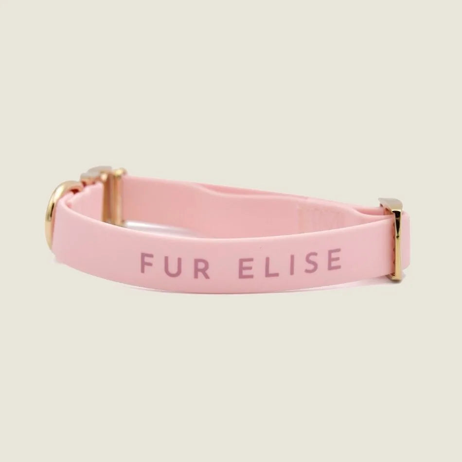 Rose pet collar from Elise Galleria featuring elegant gold hardware and a soft rubbery texture, labeled "FUR ELISE."