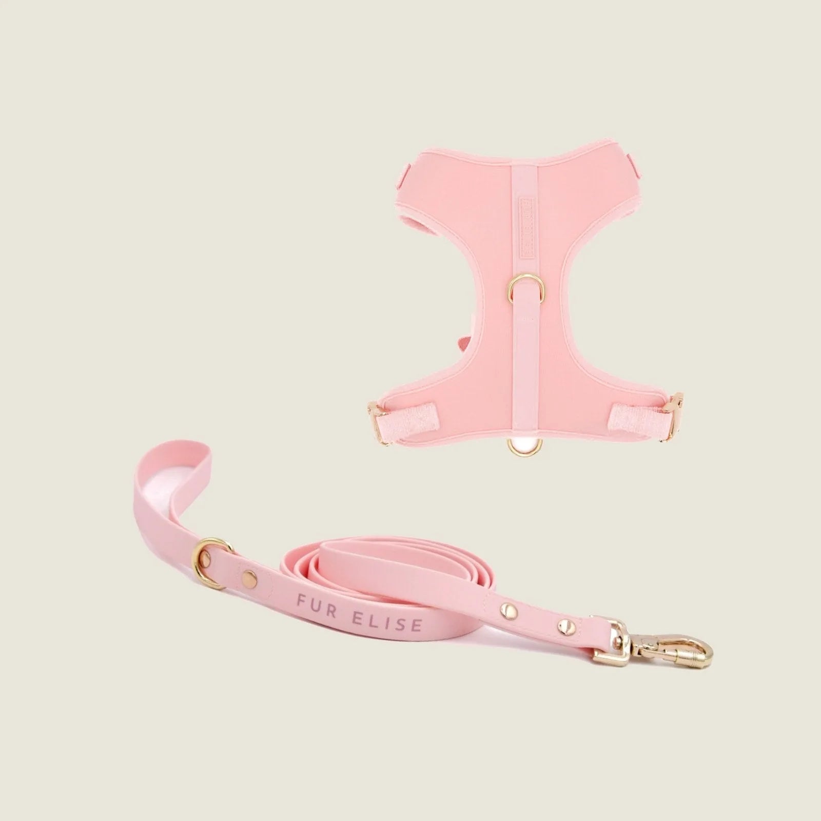 Soft pink Elise harness and leash set featuring a breathable design and gold carabiner clip, ideal for dog walks.
