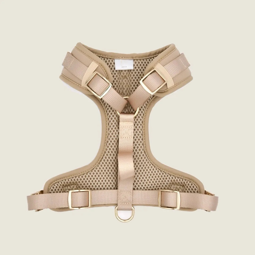 Beige harness featuring soft neoprene, breathable mesh lining, adjustable straps, and gold buckles for dogs.