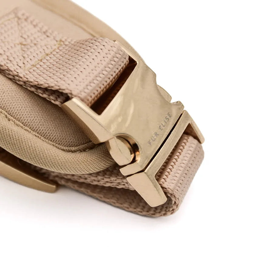 Beige Elise Harness with a gold buckle, showcasing its soft neoprene material and adjustable strap design.