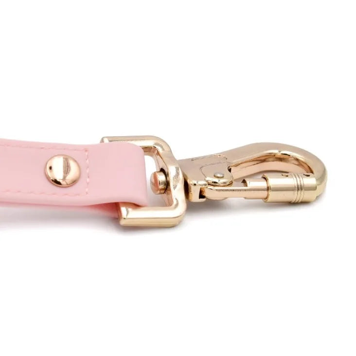 Rose-colored Elise leash featuring a slide-lock carabiner and light gold zinc alloy hardware for secure attachment.