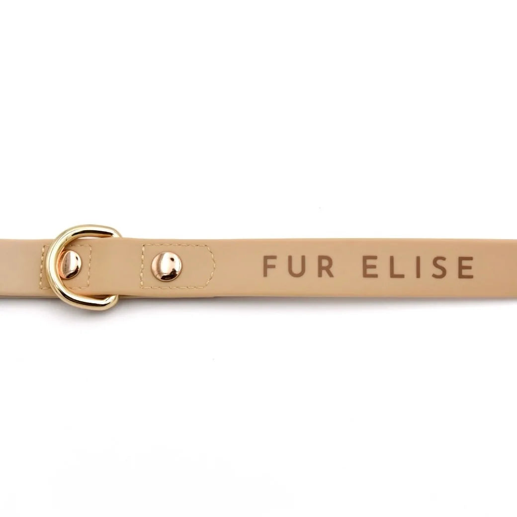 Elise Leash in Sand with light gold hardware and "FUR ELISE" text, designed for comfort and style in dog walking.