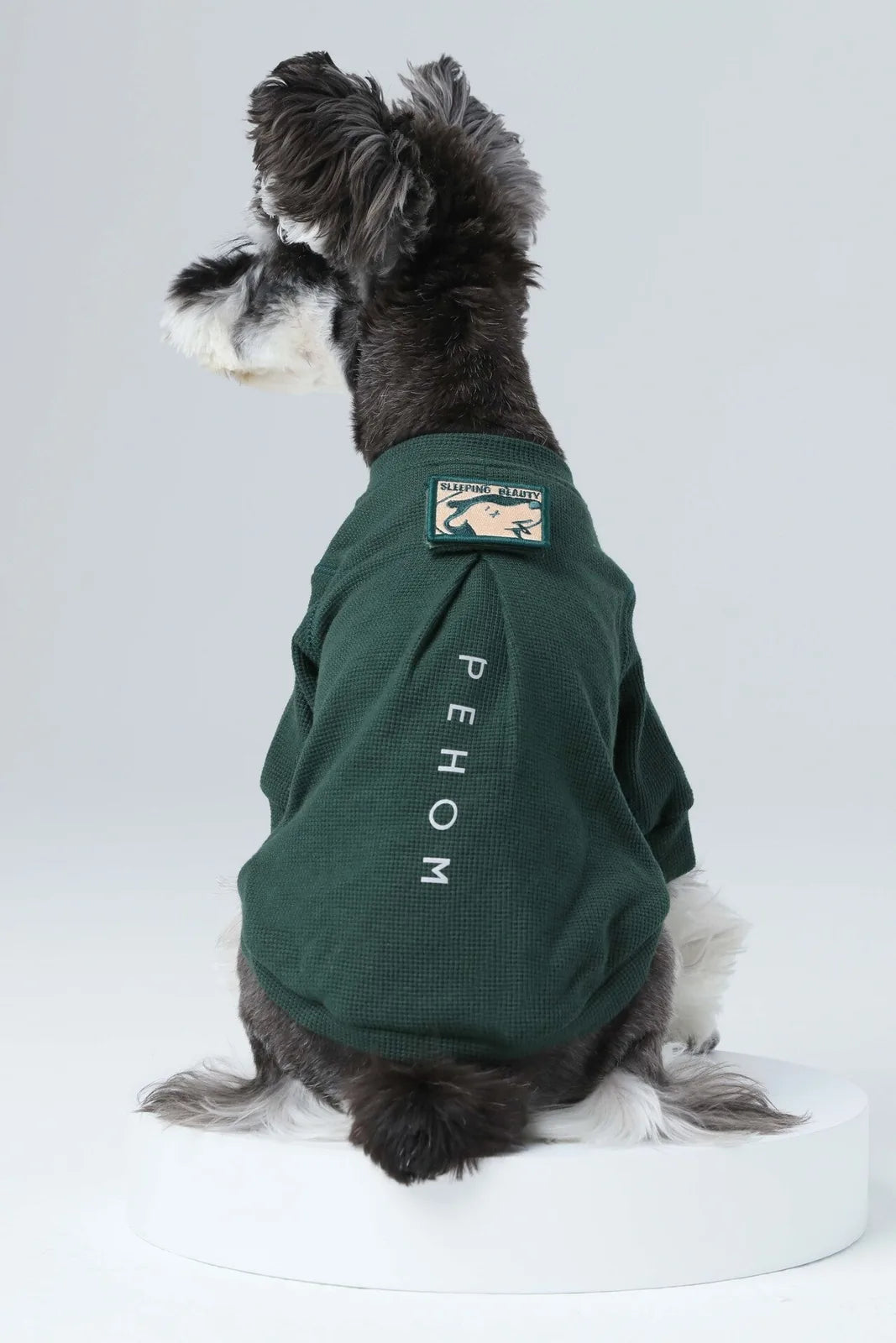 Green waffle plaid dog t-shirt featuring an embroidered patch and reflective print, designed for comfort and visibility.