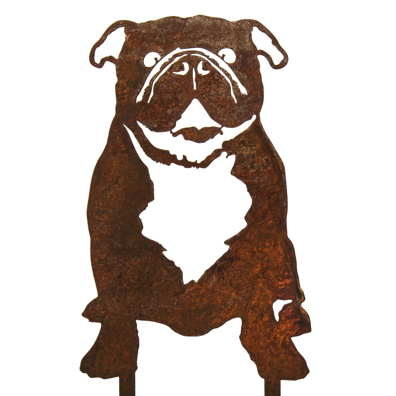 Rusty Corten steel silhouette of an English Bulldog, standing with a playful expression, ideal for outdoor dog decor.