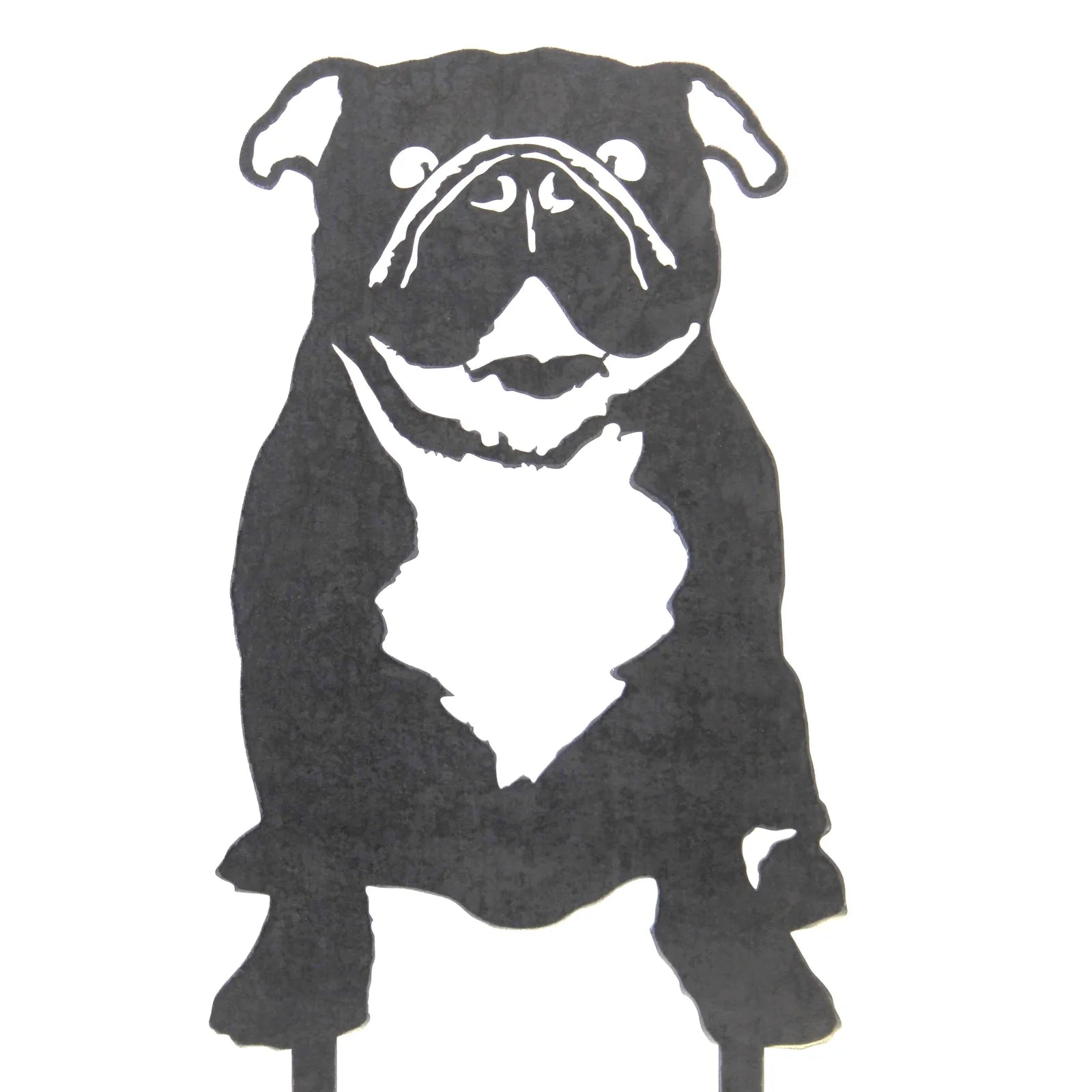 English Bulldog metal silhouette in matte black, showcasing detailed features, ideal for outdoor dog decor.
