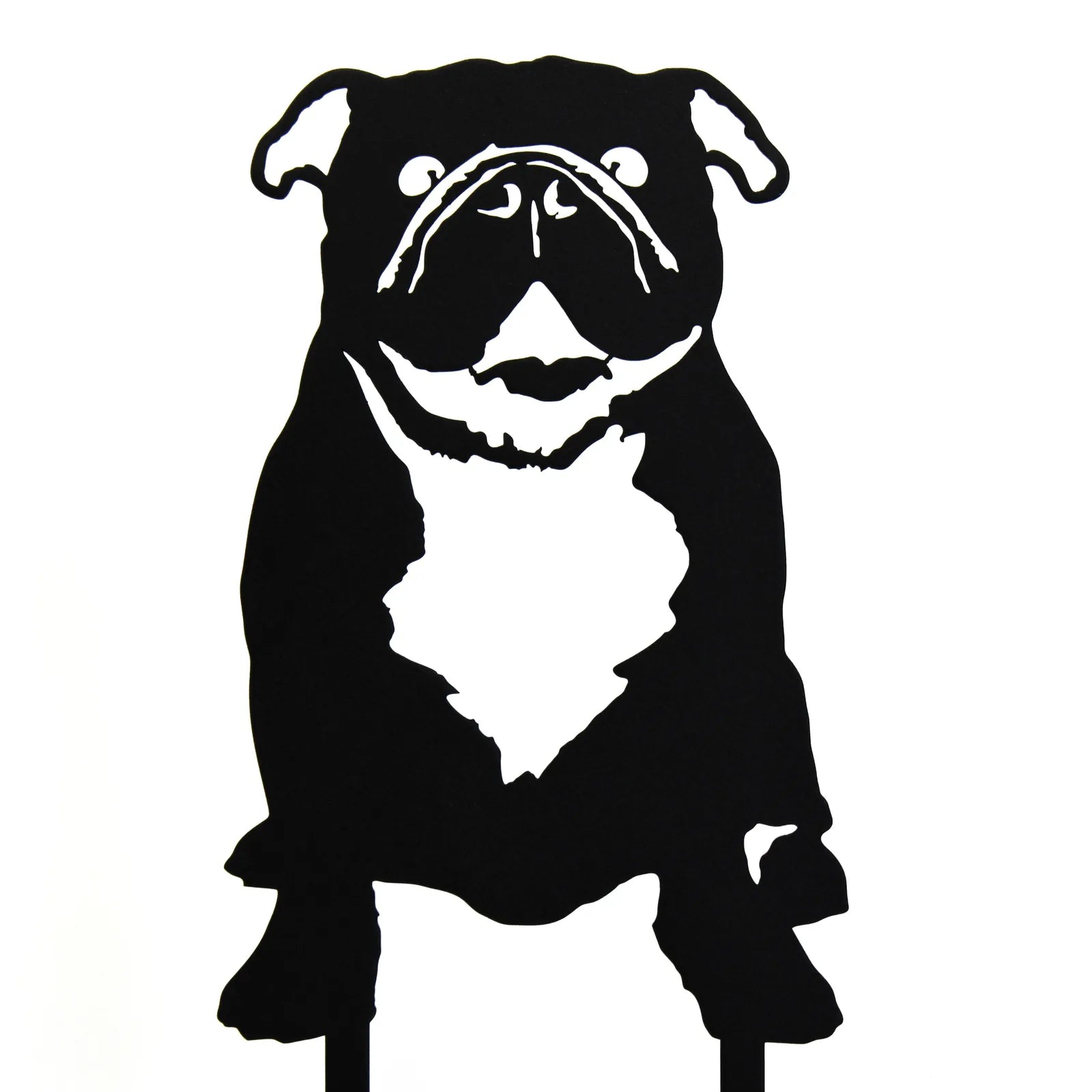 Black metal silhouette of an English Bulldog, featuring detailed facial and body outlines, against a white background.
