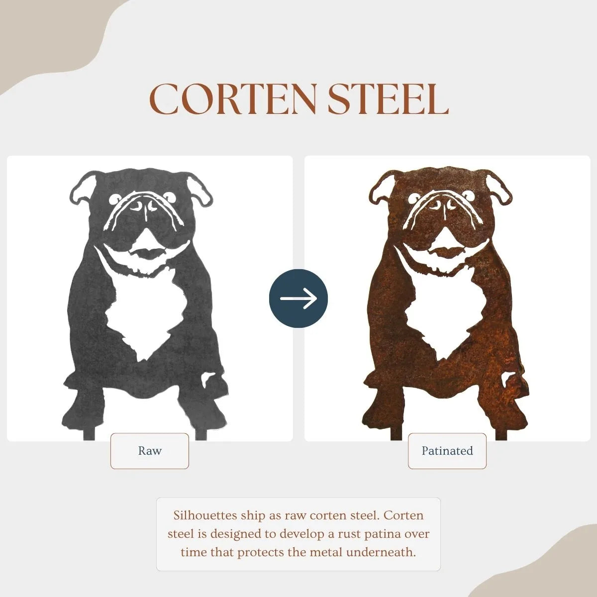 English Bulldog metal silhouette shown in raw and rust-patinated Corten steel finishes for outdoor decor.