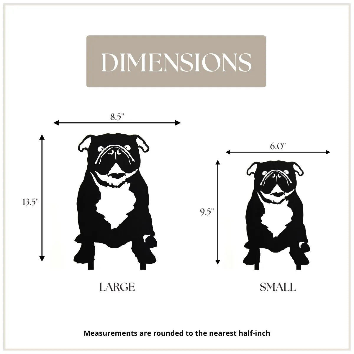 Black metal silhouette of an English Bulldog, showcasing large (13.5") and small (9.5") dimensions with clear outlines.