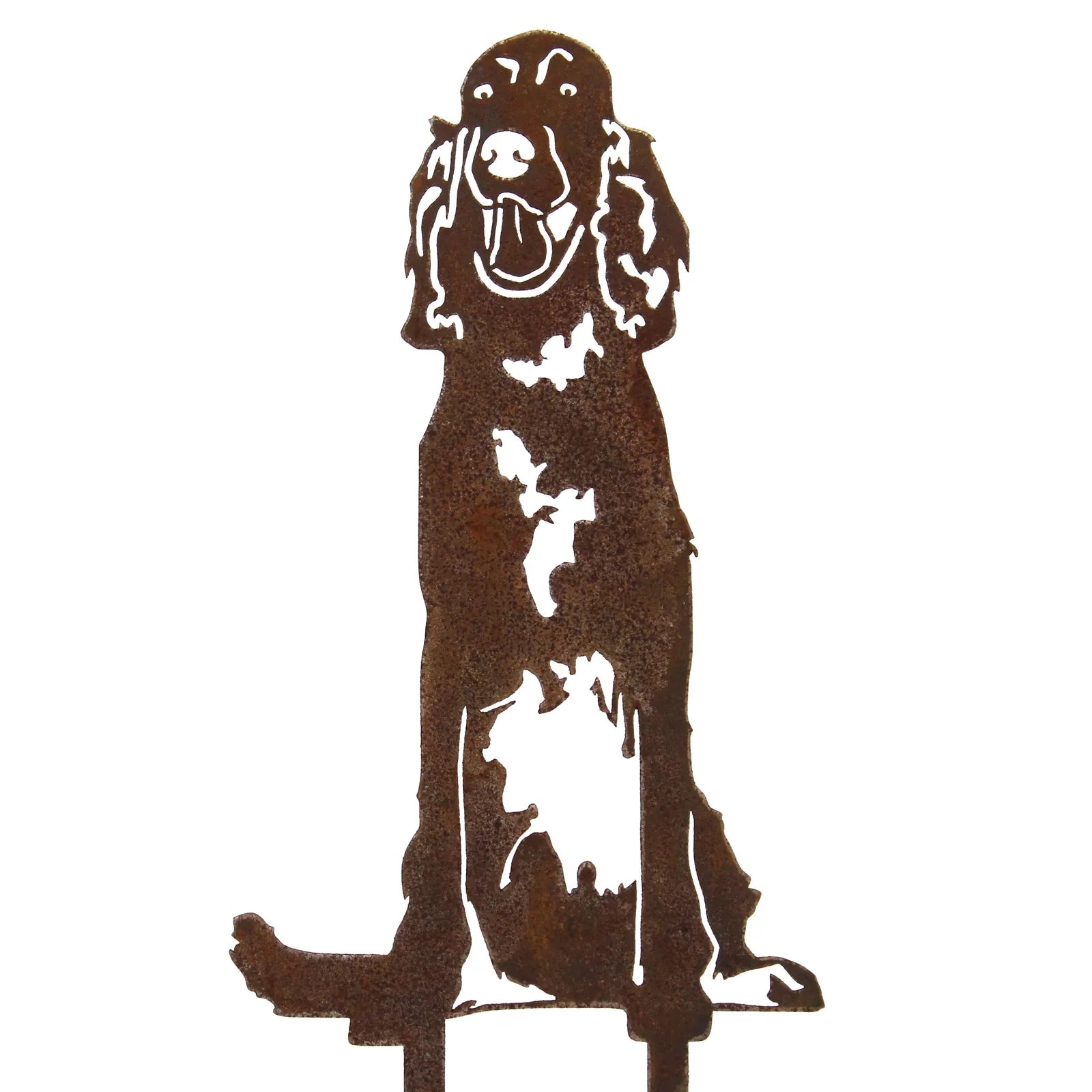 Rusty Corten steel silhouette of an English Setter dog, showcasing intricate cut-out details and a playful expression.