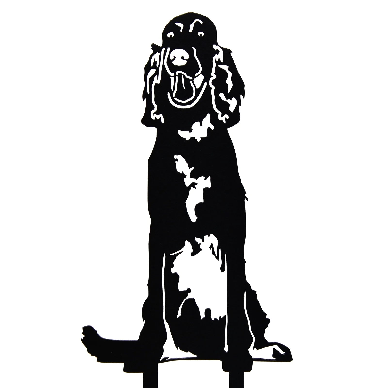 Silhouette of an English Setter in black metal, showcasing intricate detailing on a simple, rustic design.