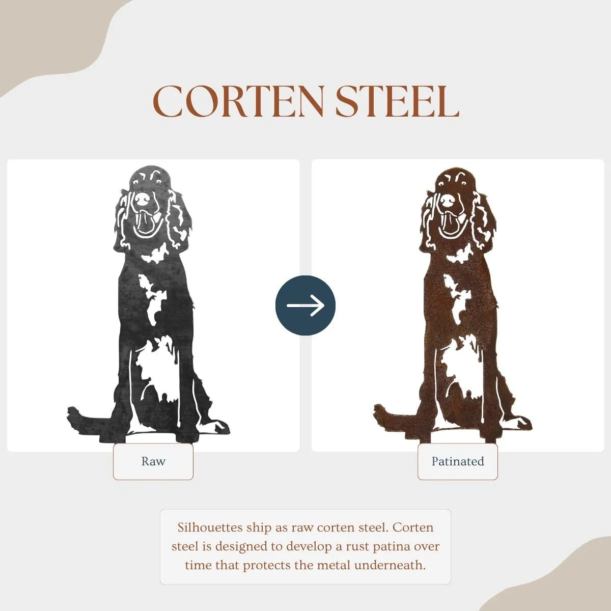 English Setter metal silhouette shown in raw and patinated finishes, highlighting the detailed dog design in Corten steel.