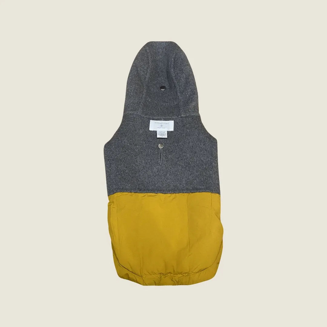 Reversible dog puffer hoodie in navy plaid and yellow, featuring a cozy down fill and a snug hood for warmth.