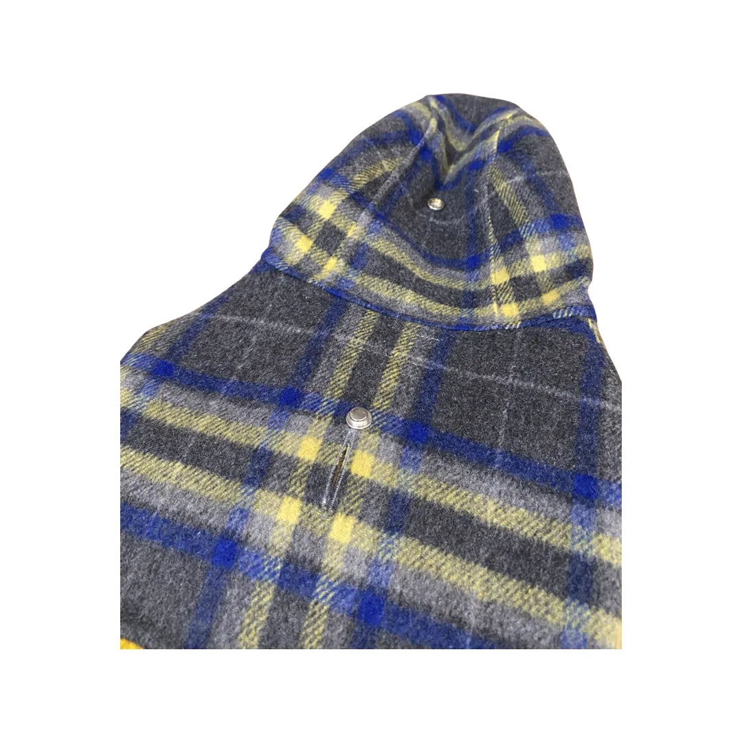 Reversible navy plaid and yellow down puffer hoodie for dogs, featuring a stylish hood and snap closures.