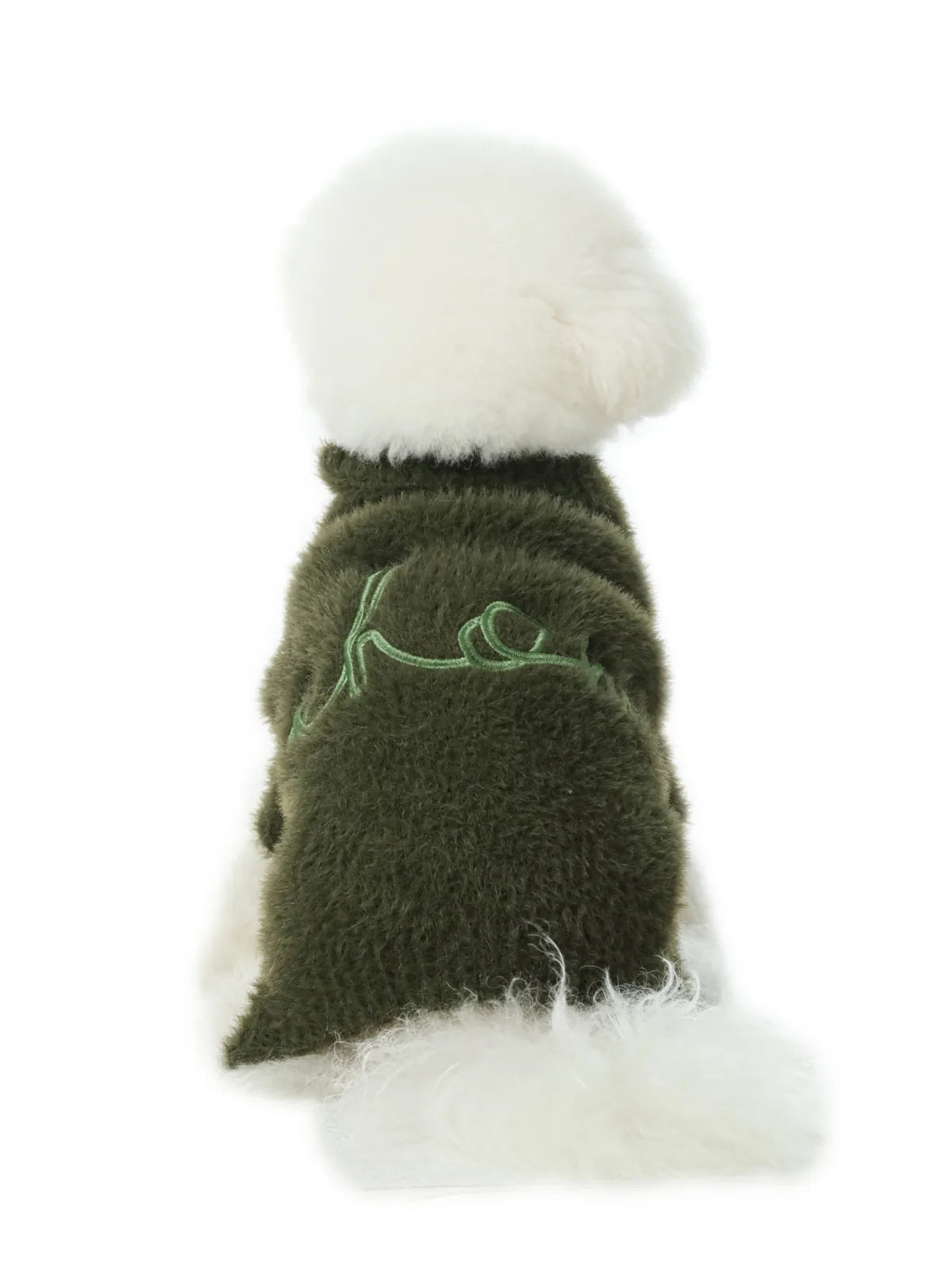 Green Eskimo fuzzy dog sweater with soft texture and stretchable design, perfect for warmth and comfort.
