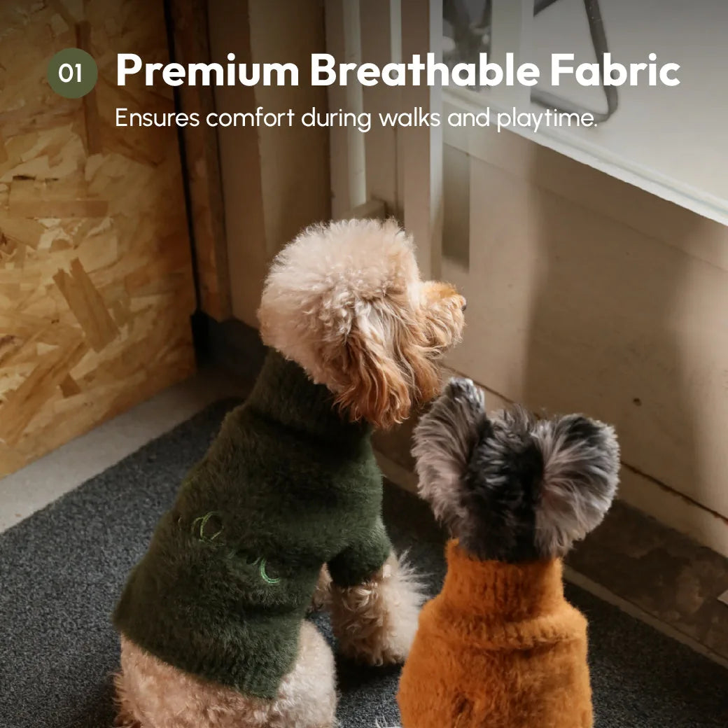 Green Eskimo Fuzzy Sweater on a dog, featuring soft, breathable fabric for warmth and comfort.