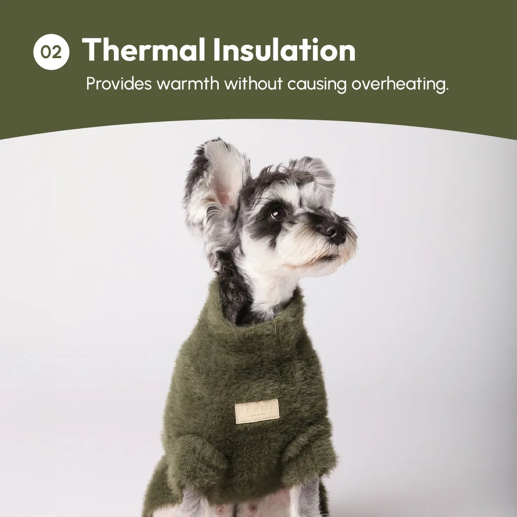 Cozy green fuzzy sweater for dogs featuring thermal insulation and easy-wear design.