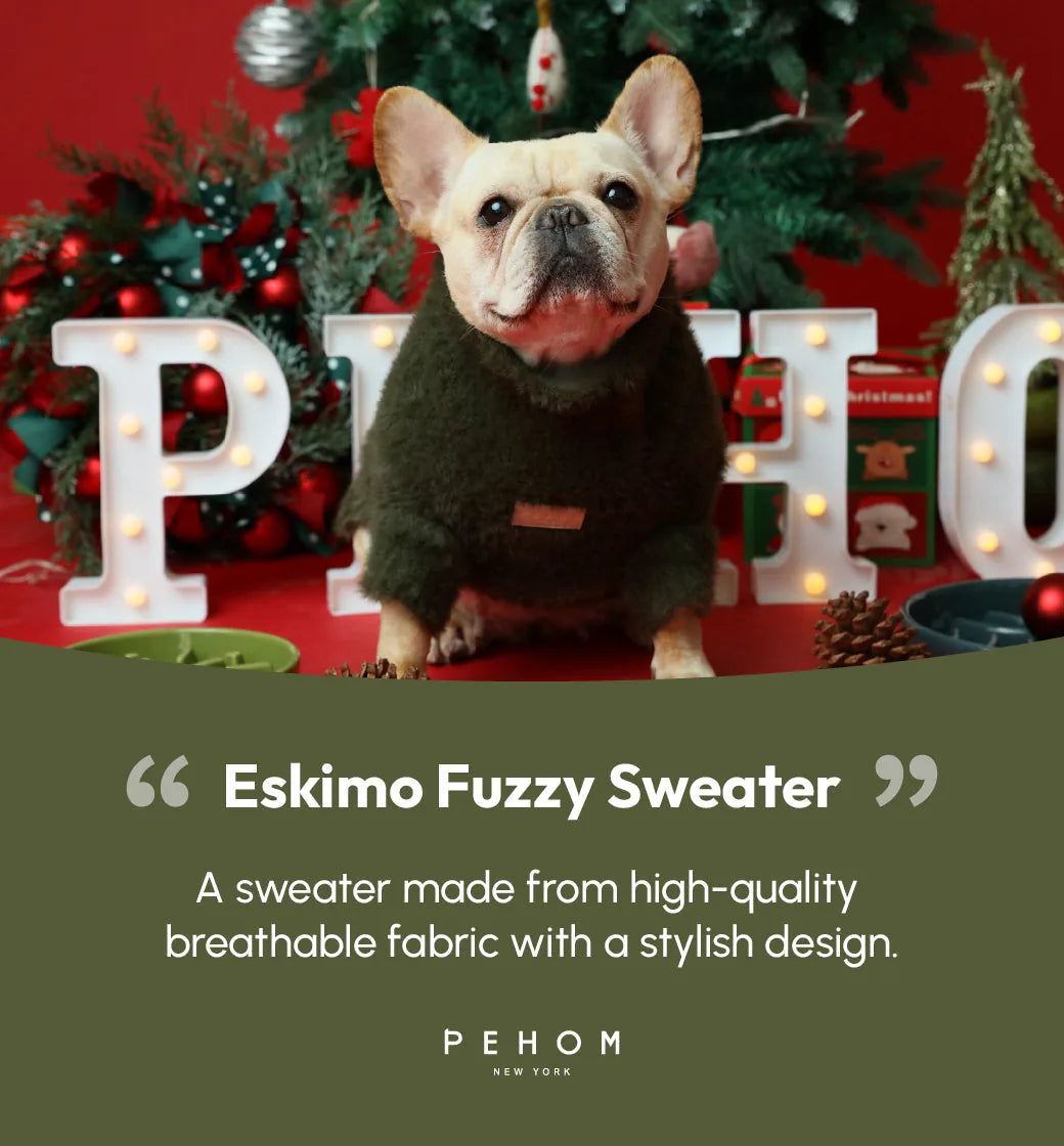 Cozy green Eskimo Fuzzy Sweater on a French Bulldog, set against festive holiday decorations.
