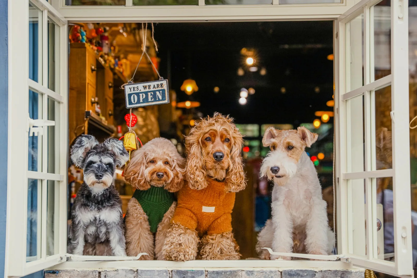 Four dogs of various breeds wearing cozy sweaters look out from a shop window with an open sign.