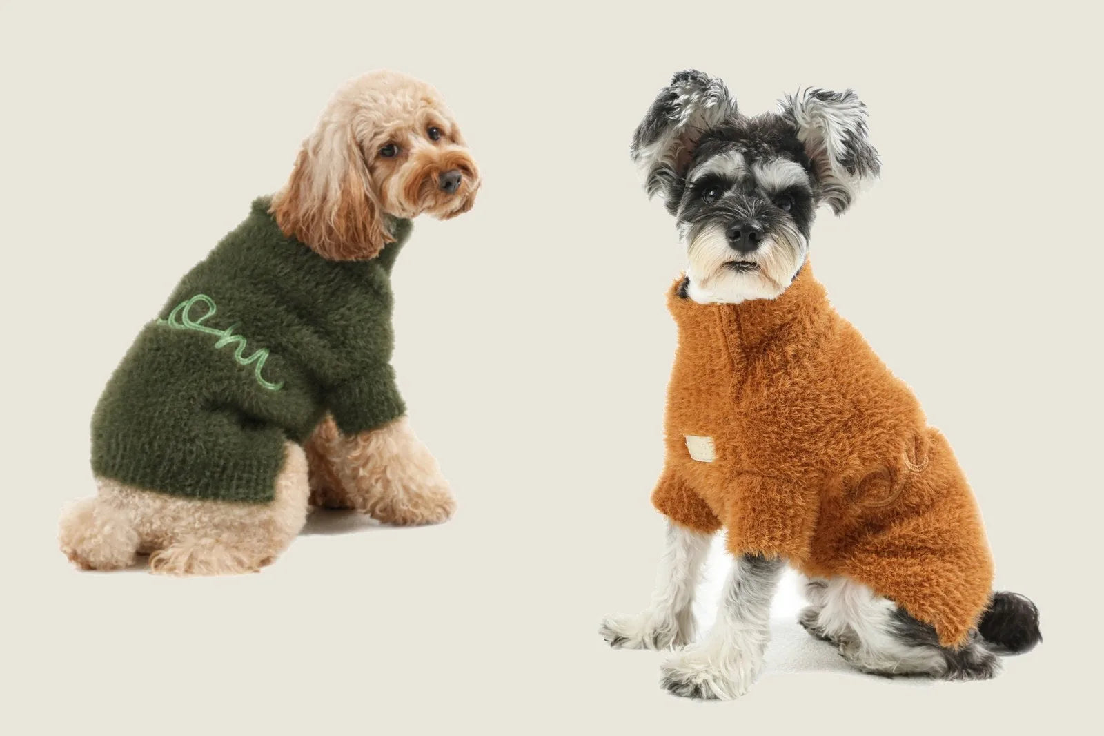 A fluffy green Eskimo sweater on a dog, featuring a cozy design and stretchable openings for comfortable wear.