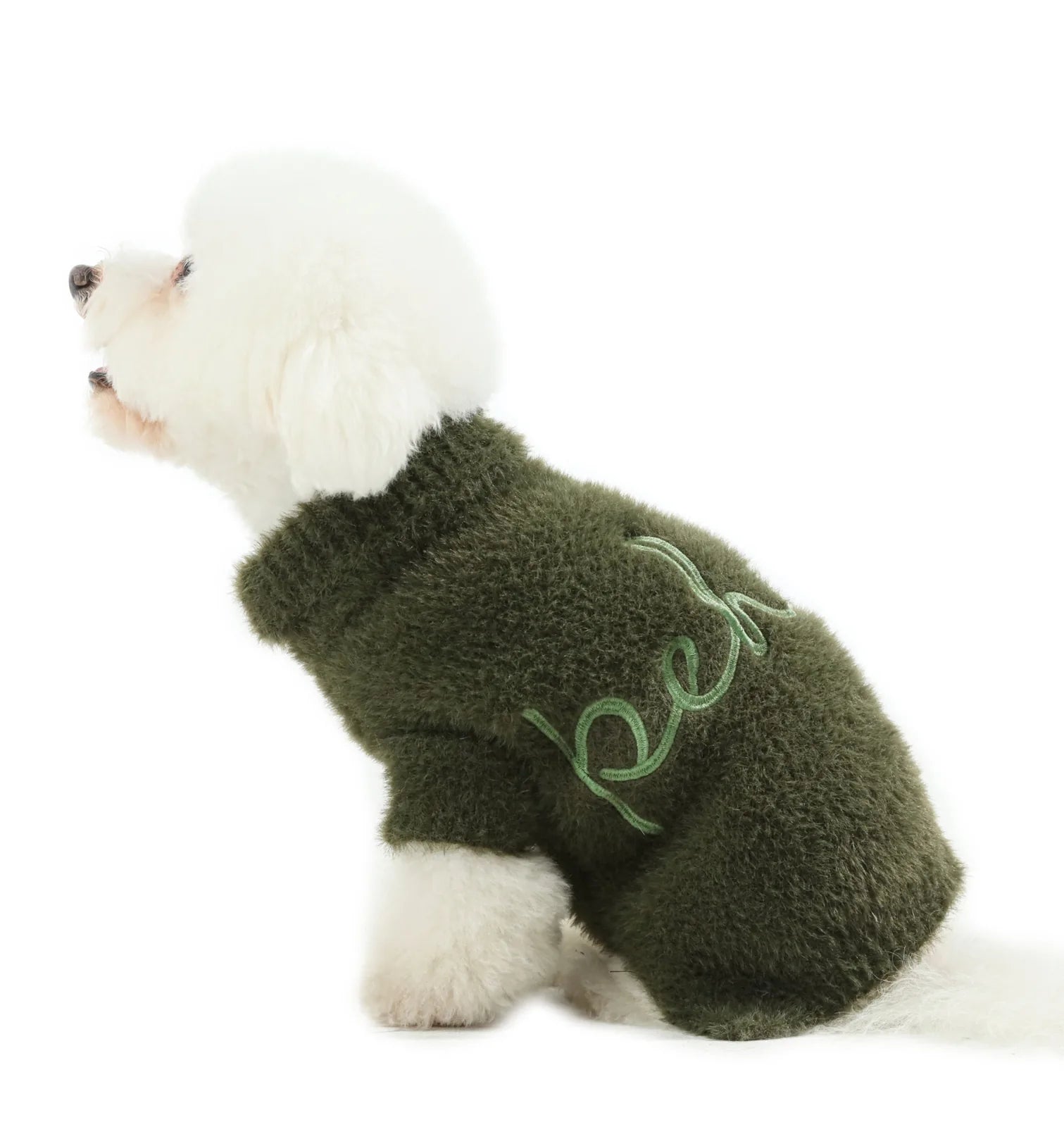 Cozy green Eskimo fuzzy sweater for dogs featuring stretchable openings and soft, breathable fabric.