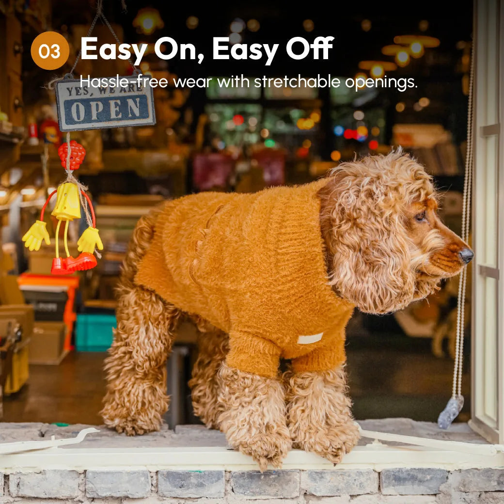 Warm orange fuzzy sweater for dogs, featuring stretchable openings for easy wear, perfect for chilly days.
