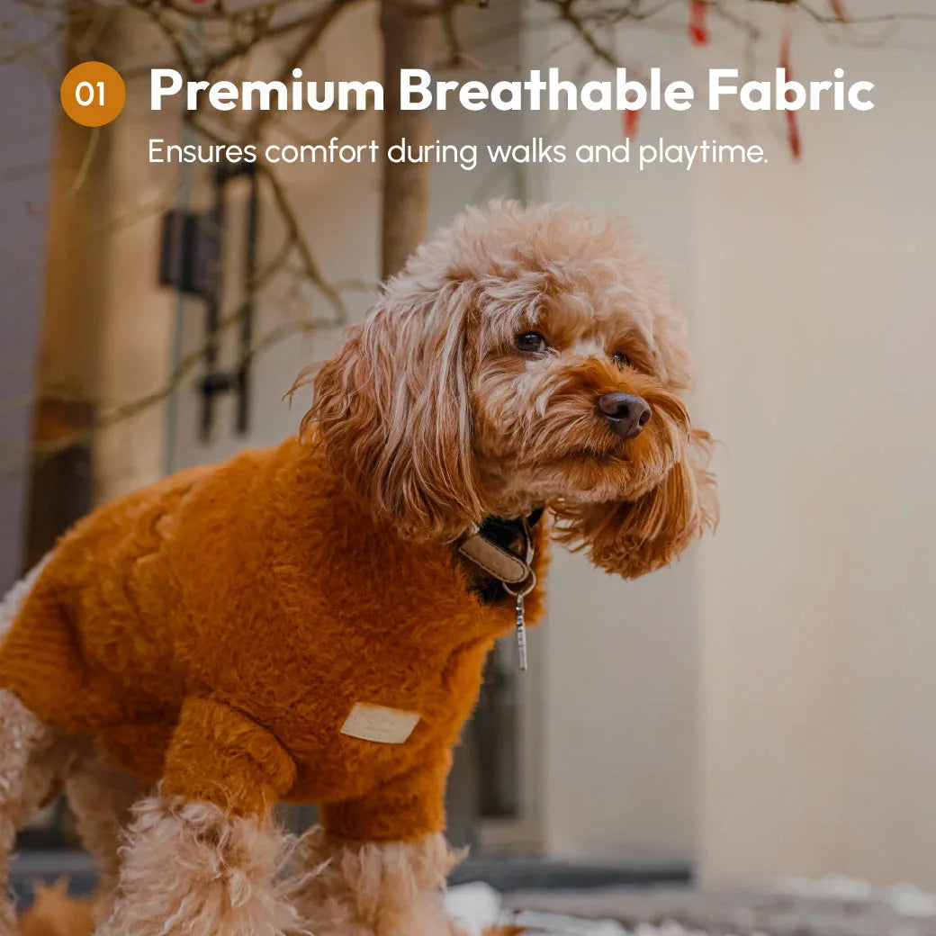 Cozy orange Eskimo fuzzy sweater on a dog, showcasing breathable fabric perfect for comfort during outdoor activities.