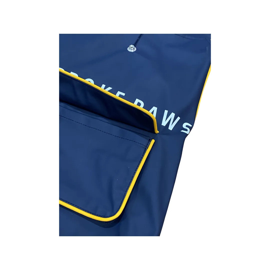 Navy and yellow pet raincoat with a pocket and water-repellent fabric, featuring BESPOKE PAWS branding.