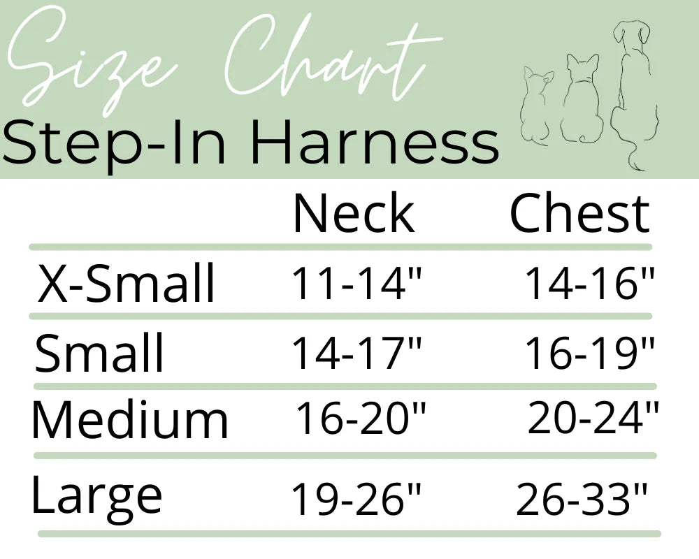 Size chart for EverWoof's Ever So Sweet Step-in Harness, detailing neck and chest measurements for X-Small to Large.