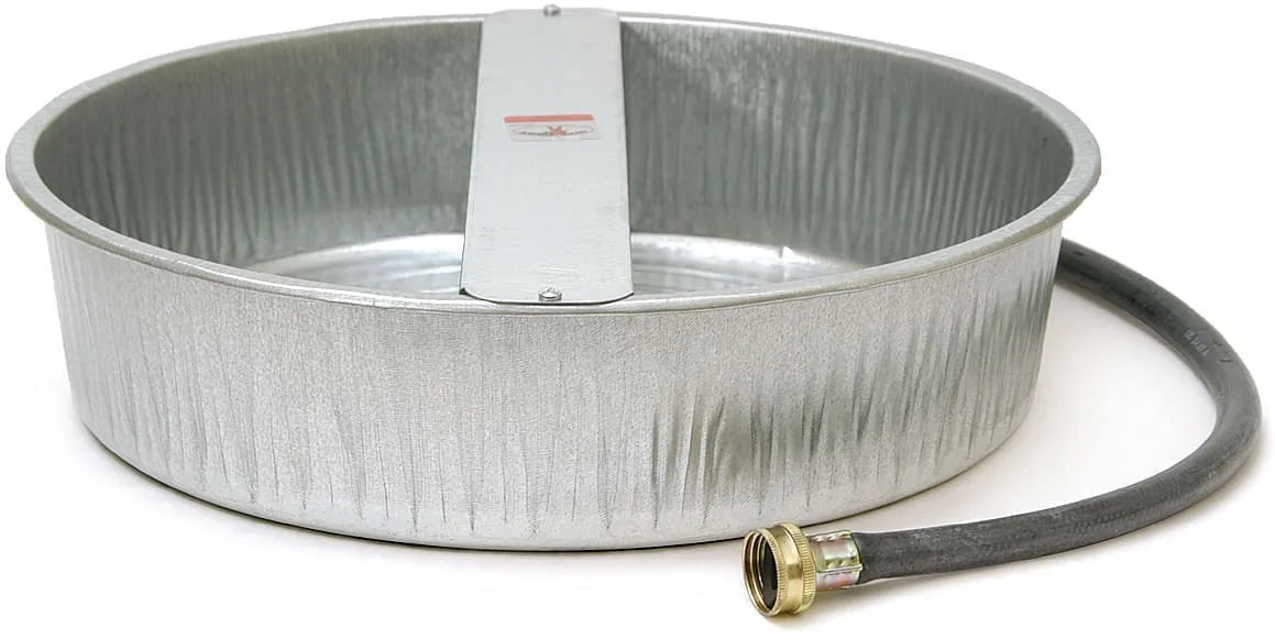 Galvanized metal automatic dog waterer with a ¾" hose attachment for continuous outdoor hydration. Ideal for pets.