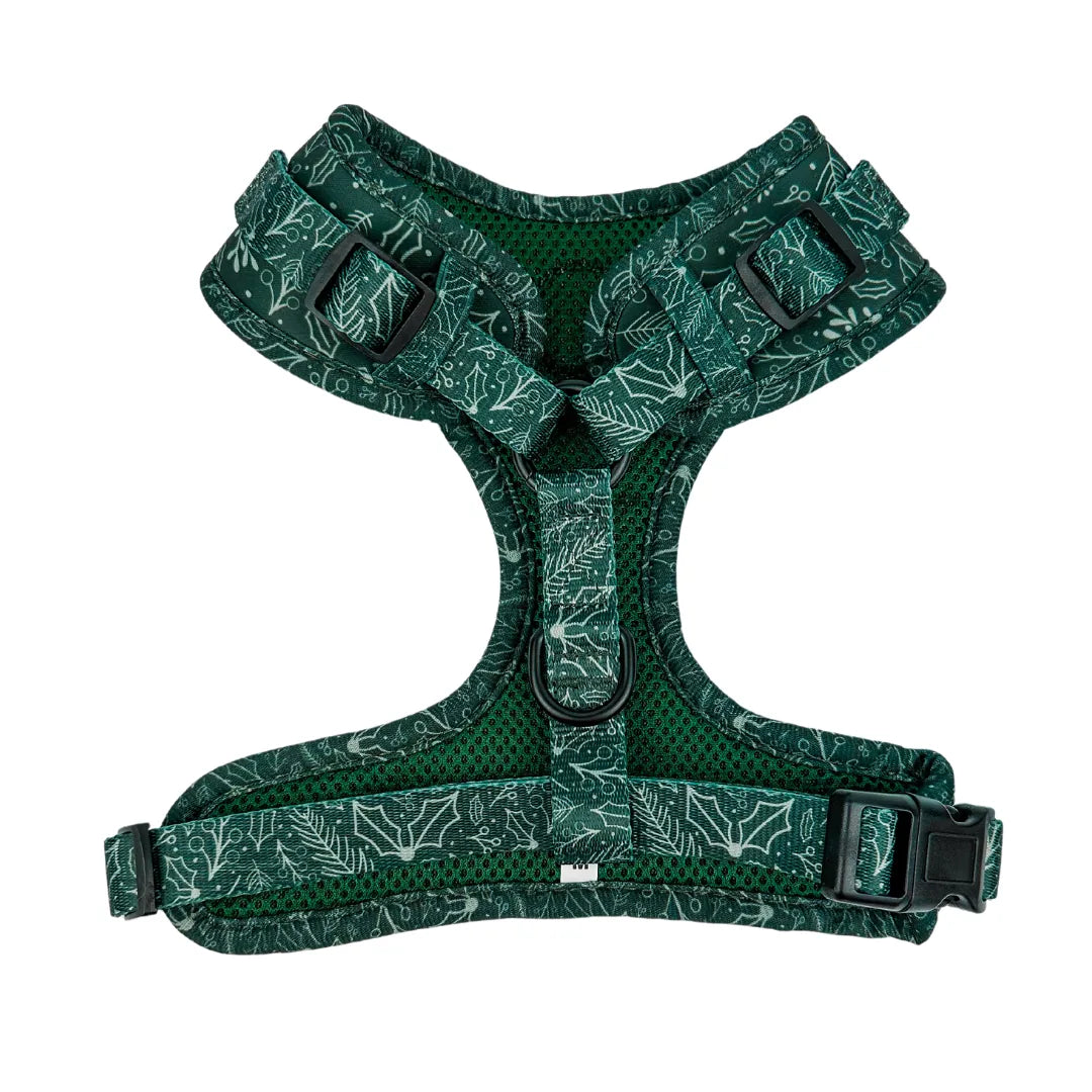 Evergreen Dream adjustable dog harness in dark green with a leaf pattern, featuring breathable mesh and adjustable straps.