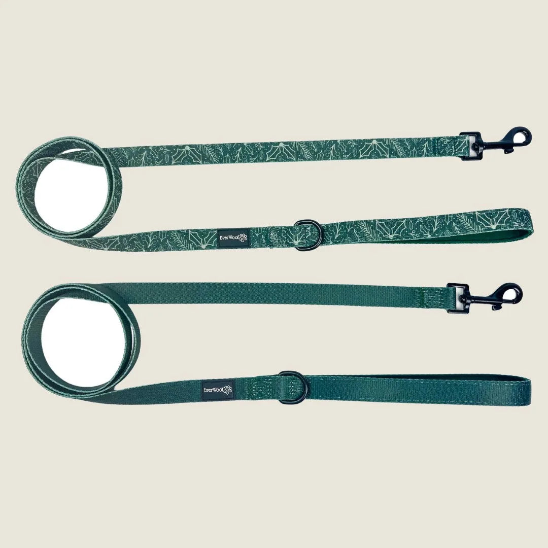Evergreen Dream leash in solid green and patterned green, featuring a padded handle and clip for essentials.