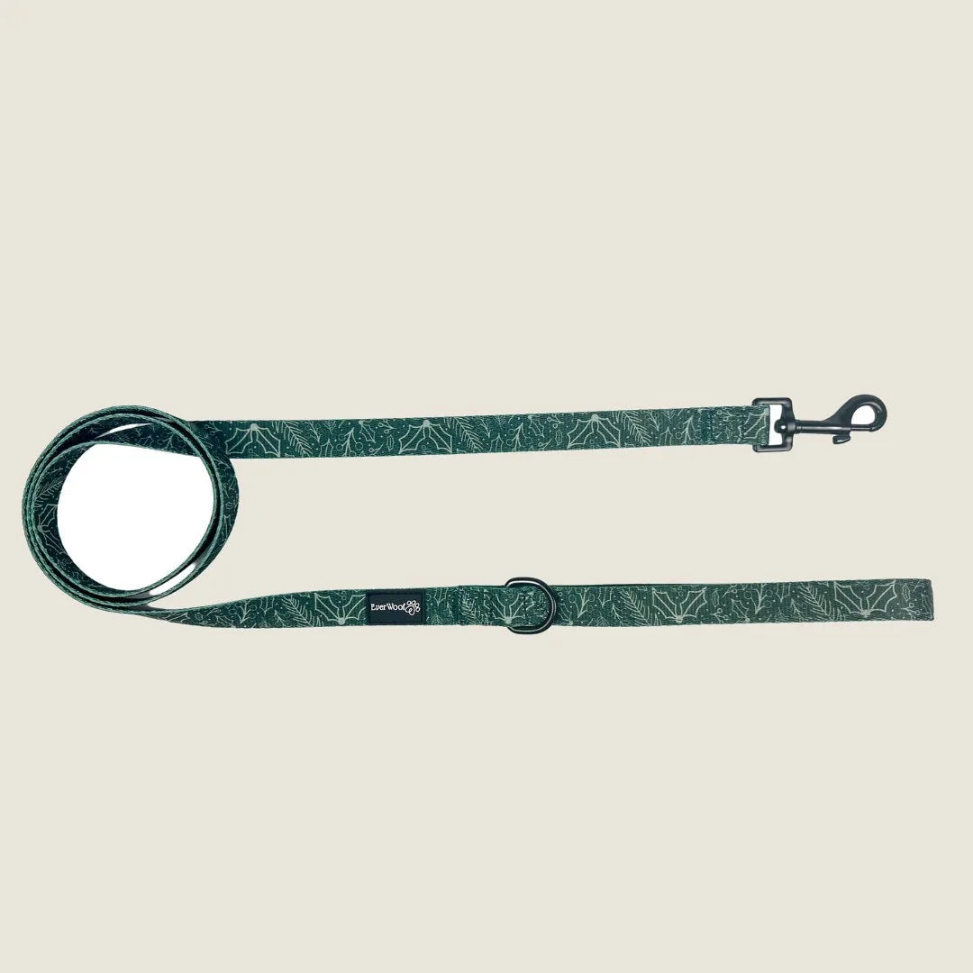 Evergreen Dream leash in green with a leaf pattern, featuring a neoprene padded handle and zinc alloy clip for attachment.