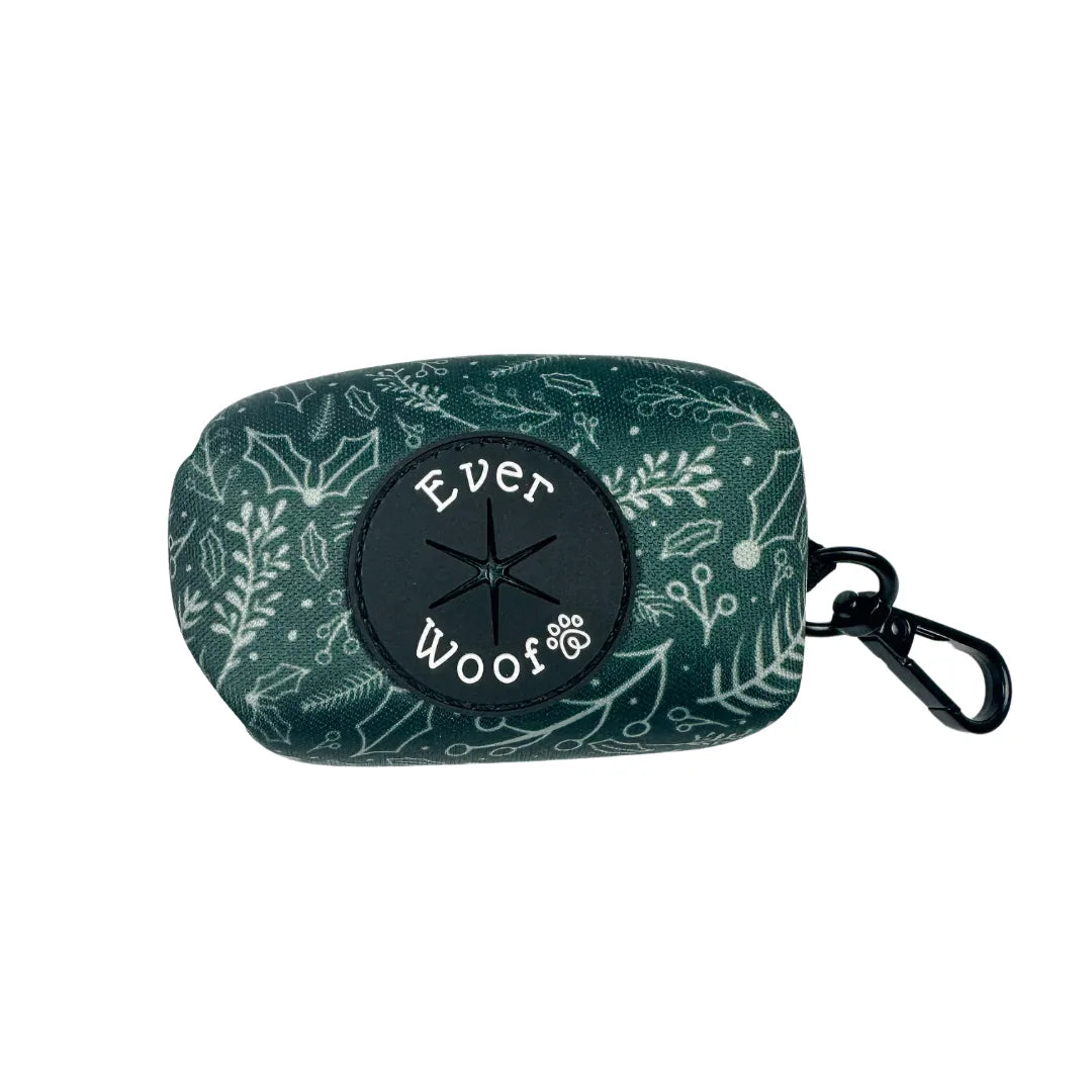 Evergreen Dream Waste Bag in dark green with a leaf pattern and EverWoof logo, featuring a zinc alloy swivel hook.