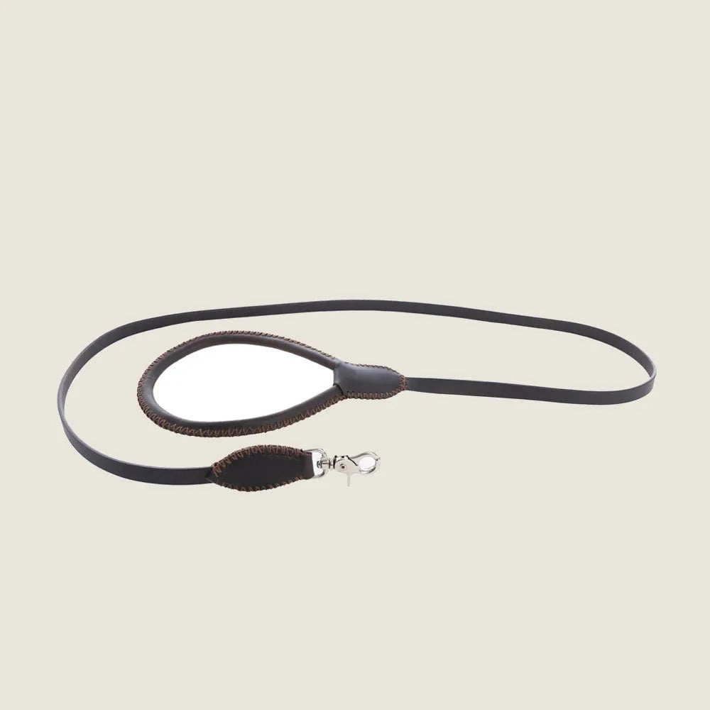 Stylish ebony leather dog leash with contrasting stitching and a durable iron clasp, measuring 60 inches long.